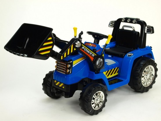 Dětský elektrický traktor s mechanicky ovladatelnou lžící, modrý