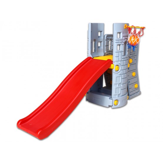 Dobrodružná hrací věž pro děti, se skluzavkou, košem a míčem