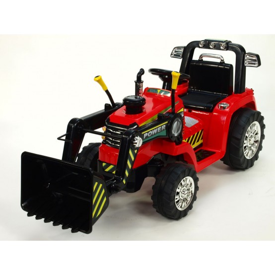 Elektrický traktor s mechanicky ovladatelnou lžící a pohonem obou zadních kol, 12V, ČERVENÝ
