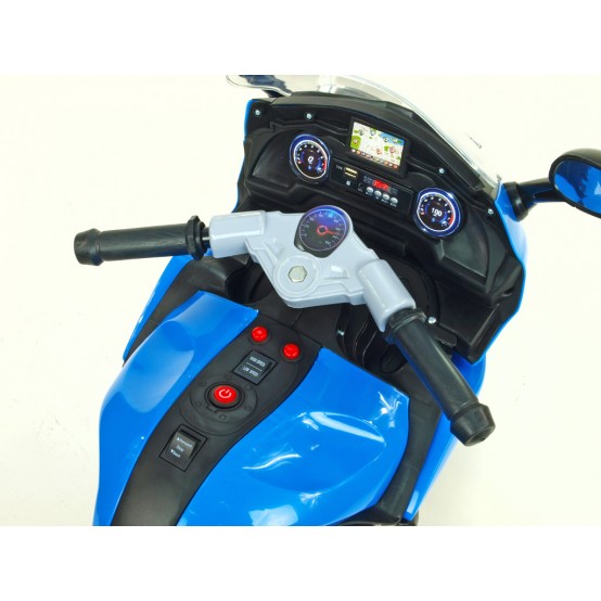 Silniční závodní motorka se dvěma motory, MP3, TF, USB a LED osvětlením, 12V, MODRÁ, rozbaleno