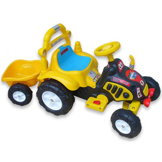 Elektrický dětský traktor s vlekem a nářadím, žlutý