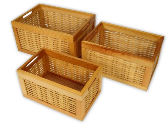 Úložný box, přepravka v dřevěném provedení s bambusovým výpletem