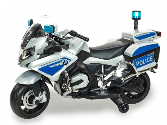 Dětská policejní motorka BMW R 1200 RT se svítícími majáky a sirénou, stříbrná